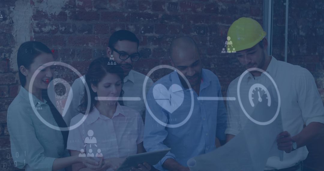 Business Team Analyzing Data with Digital Icons Overlay