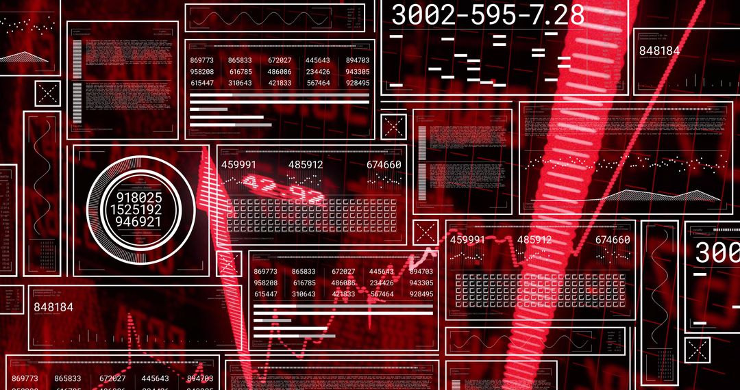 Futuristic Red HUD Dashboard Displaying Data Panels, Telemetry, Waveforms and Metrics