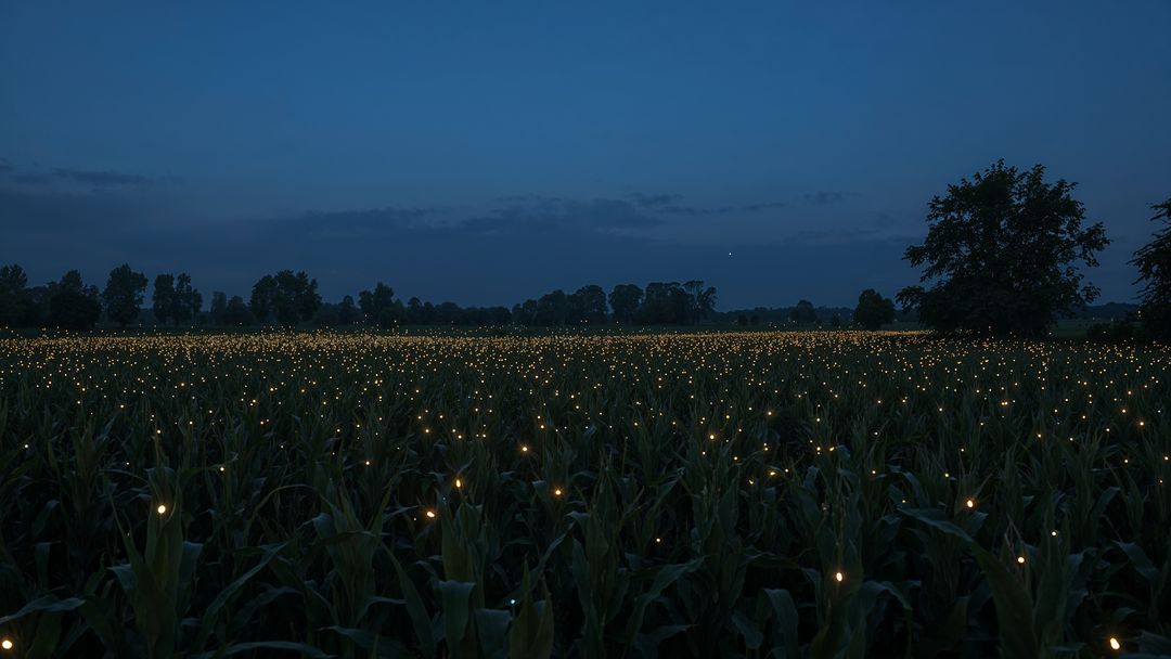Glowing nebraska cornfield at dusk with illuminated lights and solitary tree