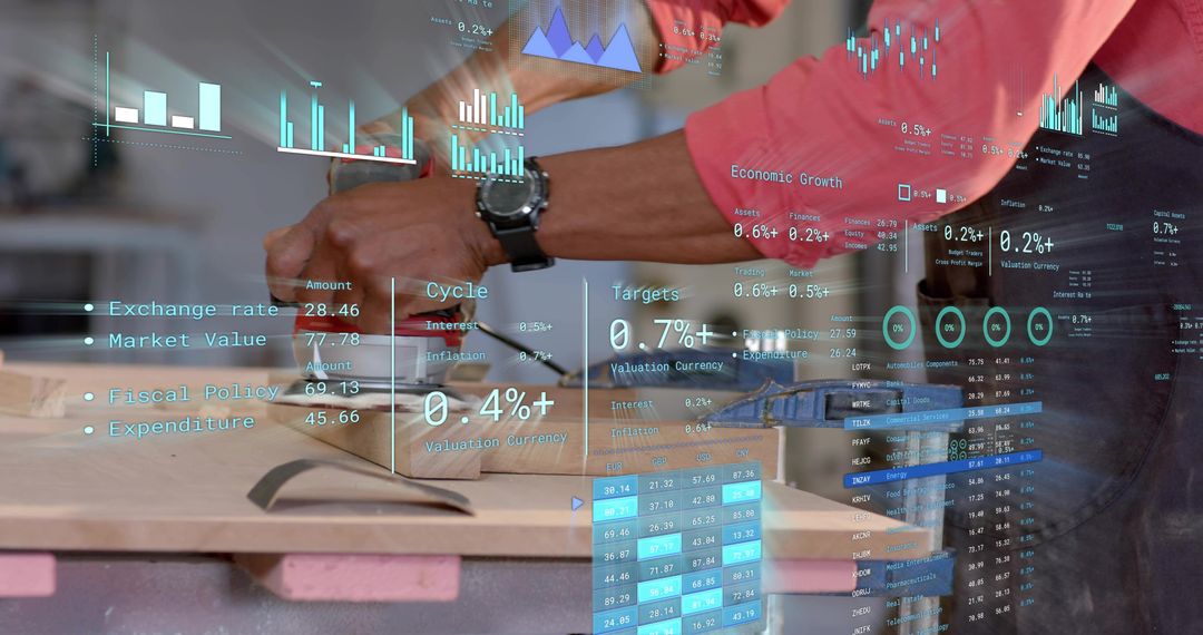 African American Craftsman Sanding Wood Plank with Augmented Reality Financial Dashboard