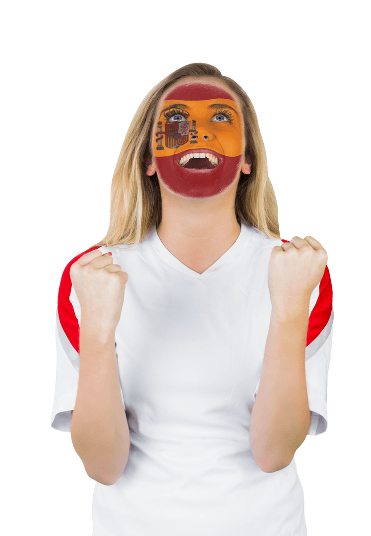 Excited Fan with Spain Flag Face Paint on Transparent Background