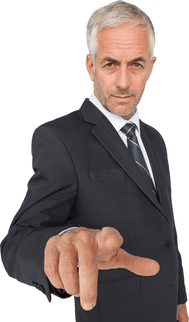 Happy Senior Businessman Pointing Finger on Transparent Background