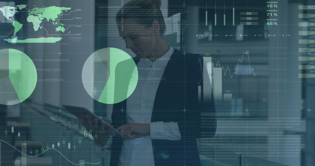 Businesswoman Analyzing Financial Graphs on Tablet Interface