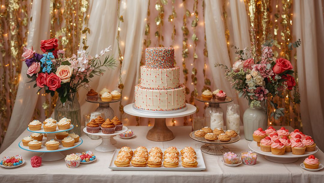 Elegant Dessert Table Display with Tiered Cake and Cupcakes for Celebratory Event