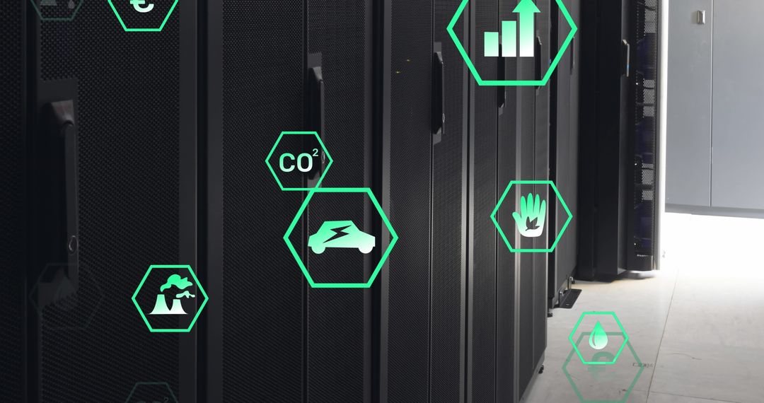 Digital Interface in Modern Server Room with Floating Icons