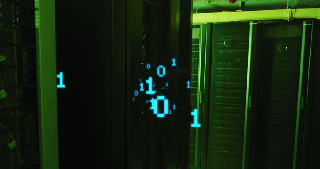 Binary Code Overlay in Futuristic Server Room