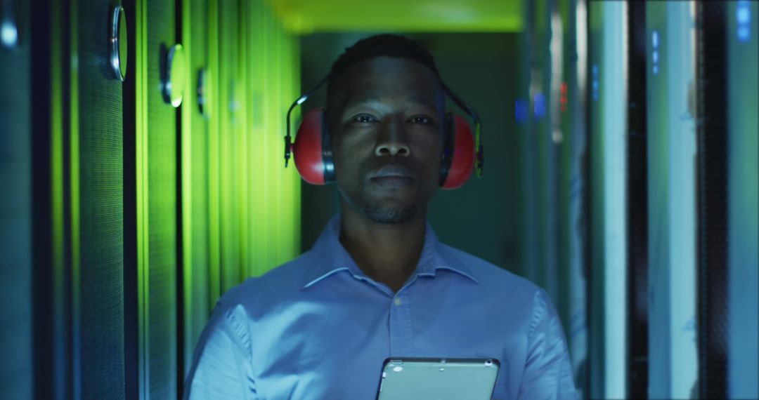 IT Engineer Managing Data Servers in High-Tech Environment