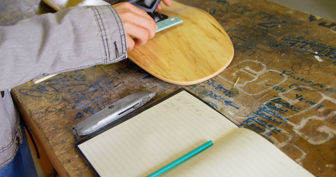 The photo depicts a person engaged in a woodworking project, possibly in the planning stage. - Free Images, Stock Photos and Pictures on Pikwizard.com