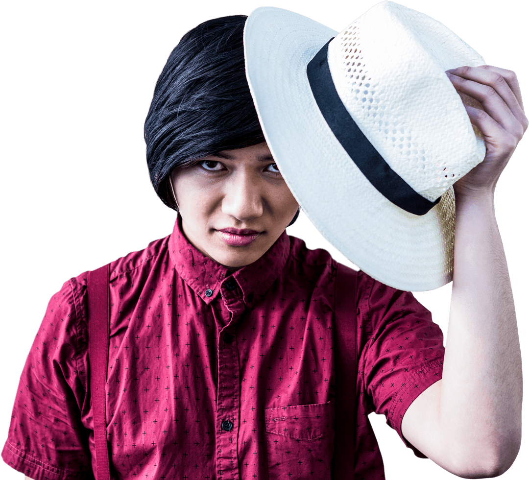 Hipster man wearing straw hat with expression of confidence in cutout
