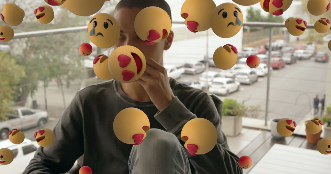 Man Surrounded by Virtual Emoticons Throughl Contemplation