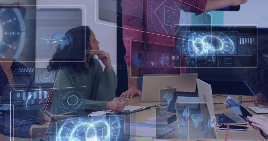 Team Collaborating Around Holographic Interfaces During Tech Presentation and Brainstorming