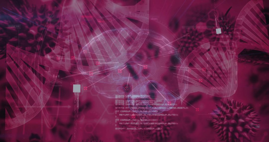 Magenta Genomic Visualization with Translucent DNA Helices, Virus Particles, Data Nodes