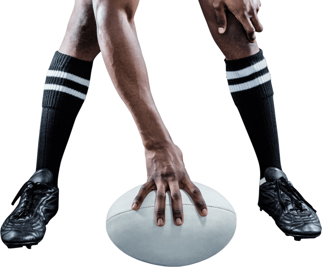 Transparent View of Rugby Athlete Preparing with Ball on Field