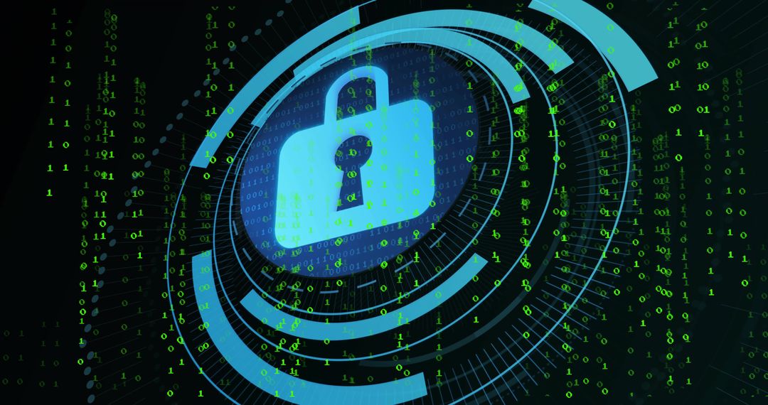 Glowing cyan padlock securing digital network, neon HUD rings and streaming binary code