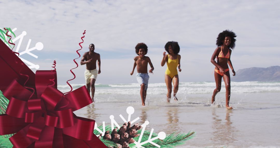 Joyful Family Running on Beach with Holiday Theme Enhancements