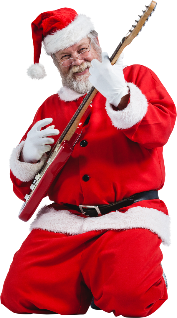 Cheerful Santa Claus Kneeling and Playing Guitar on Transparent Background - Download Free Stock Images Pikwizard.com