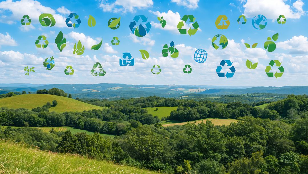Eco Icons Above Verdant Hills Displaying Recycling Symbols