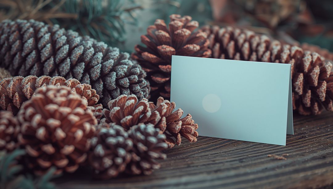 Blank White Card with Frosted Pinecones on Rustic Background