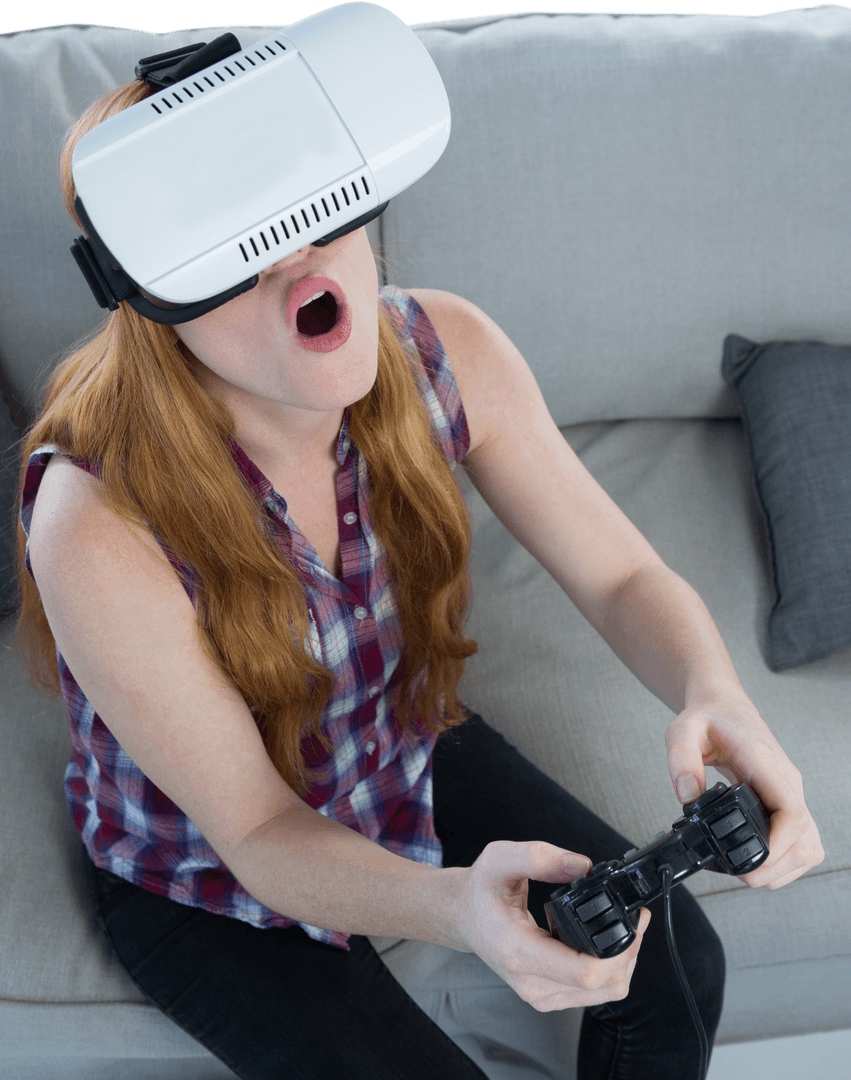 Transparent Woman Gaming with VR Headset Showing Excitement