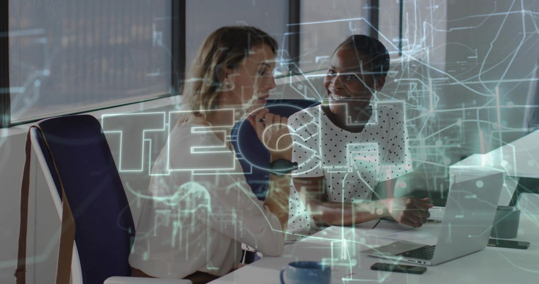 Collaborative Women Developing Tech Project with Holographic Overlay