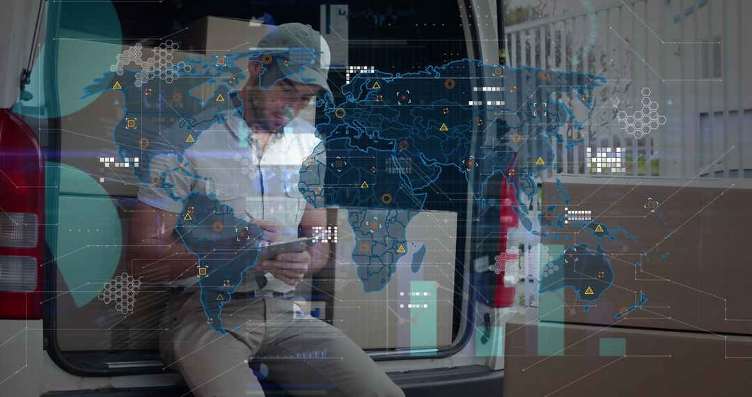 Delivery Personnel with Digital Global Map Interface