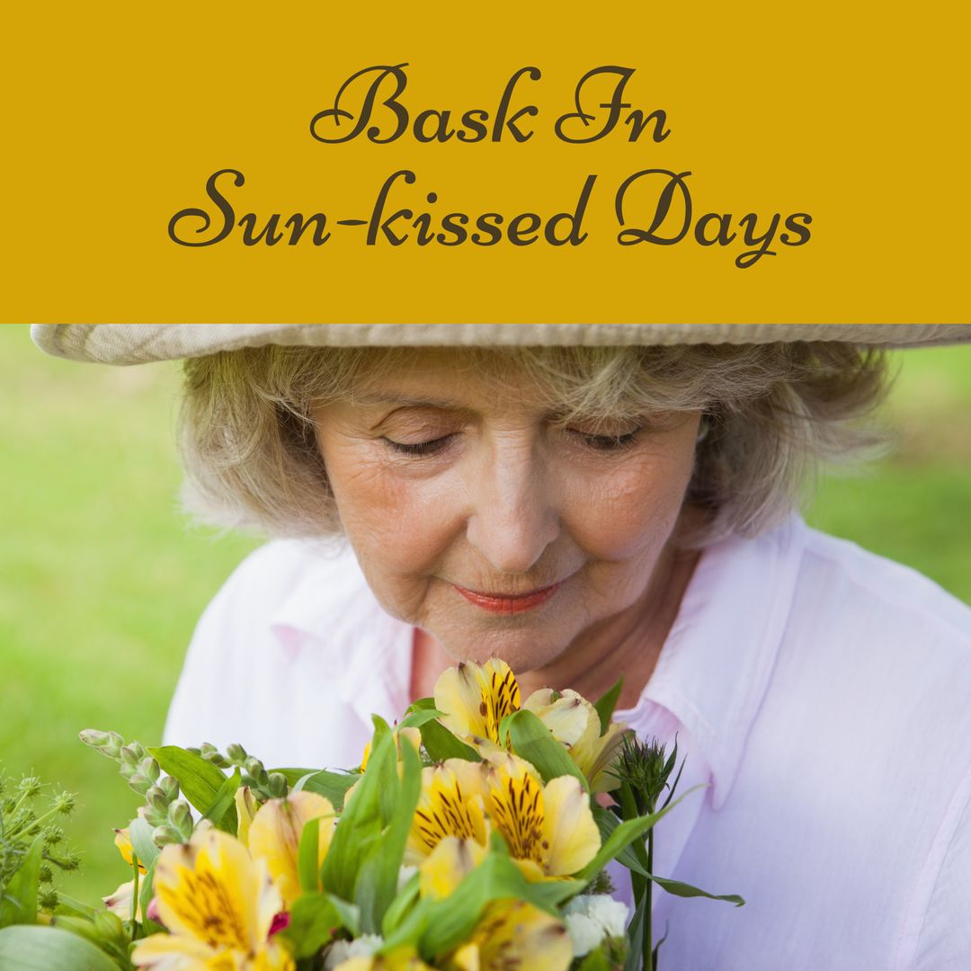 Elderly Woman Embracing Spring with Flowers and Sunshine