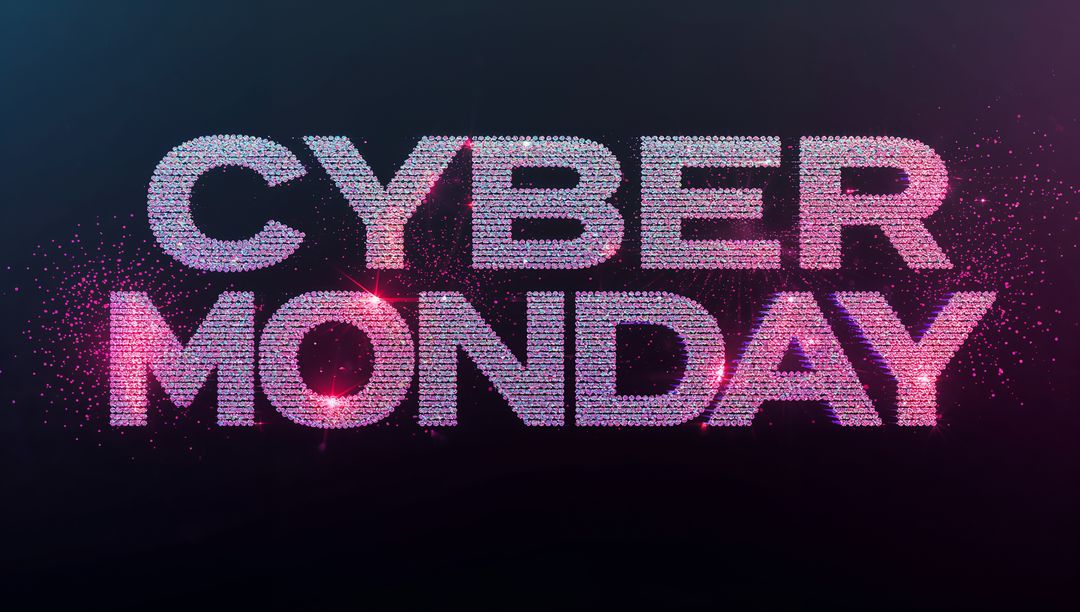 Glittering Cyber Monday Neon Typography scattering Magenta Particles and Sparkling Banner