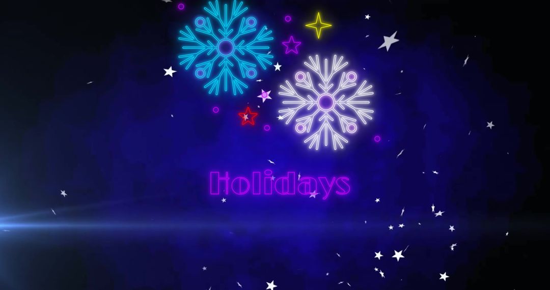 Neon Holidays Text with Festive Snowfall on Blue