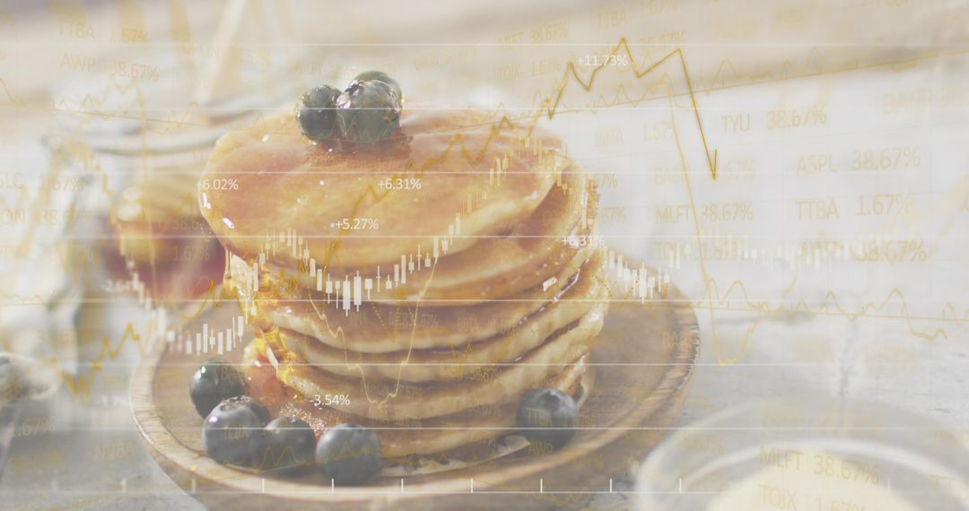 Maple syrup dripping over pancake stack with blueberries and stock market chart overlay