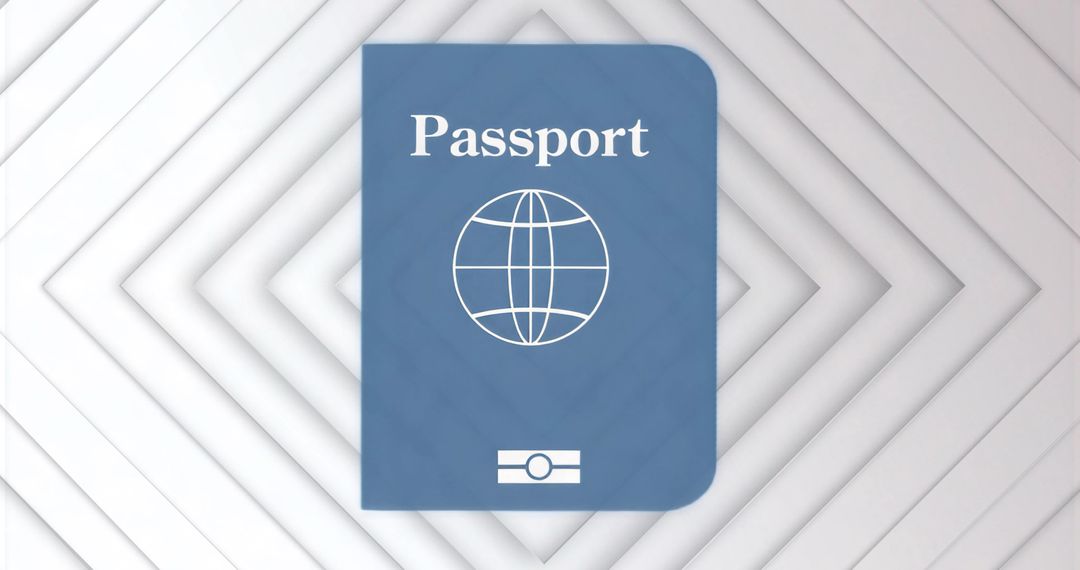 Blue passport graphic with globe and biometric symbol on layered geometric backdrop