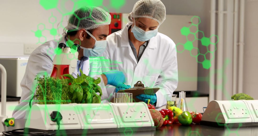 Scientists Analyzing Plants in Laboratory with Digital Data Overlay