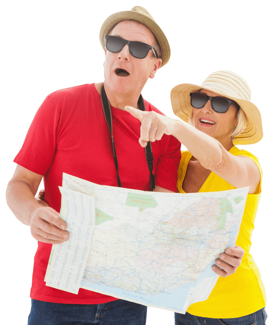 Happy Senior Tourists Holding Map on Transparent Background