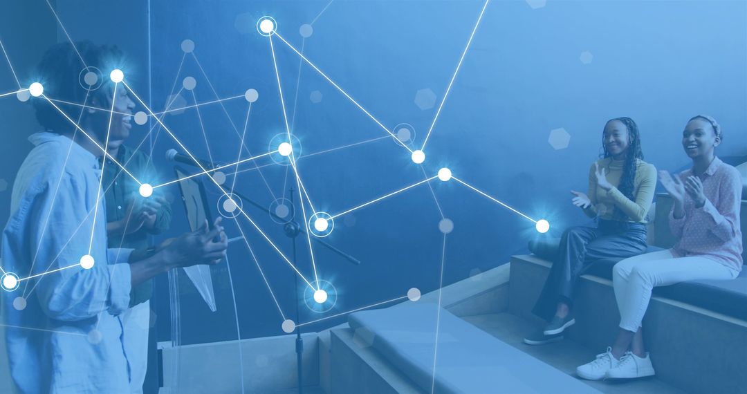 Acoustic duo performing with applauding crowd and glowing digital network overlay