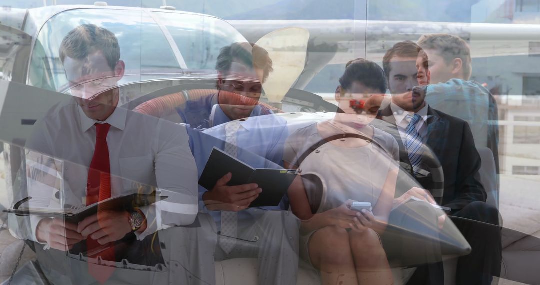 Business team collaborating next to propeller airplane at airport