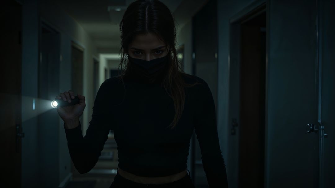 Mysterious female burglar exploring dark corridor with flashlight