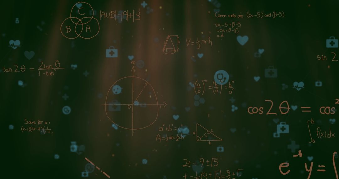 Mathematical Equations with Digital Interface Icons on Green Overlay