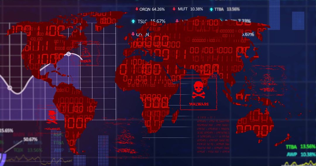 Red Binary World Map Displaying Cybersecurity Threat Visualization