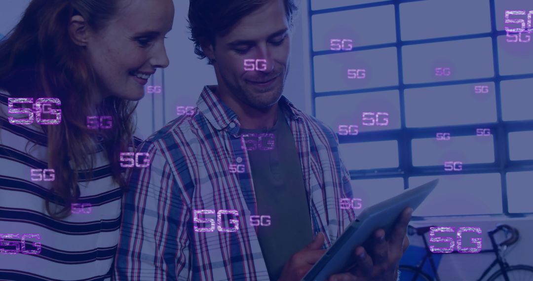 Colleagues Using Tablet with Digital 5G Icons