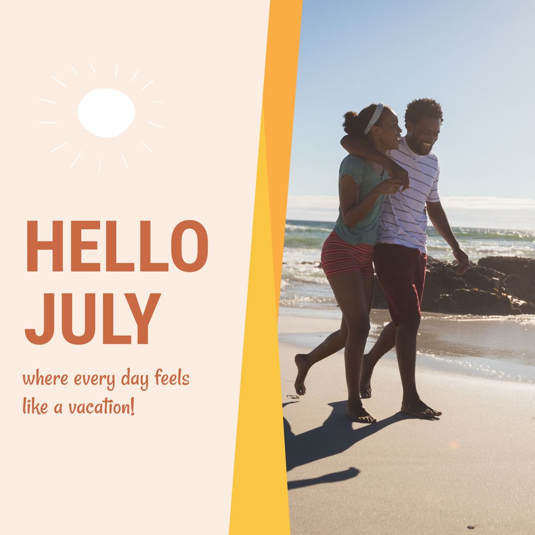 Joyful Couple Strolling Along Sunny Beach in July