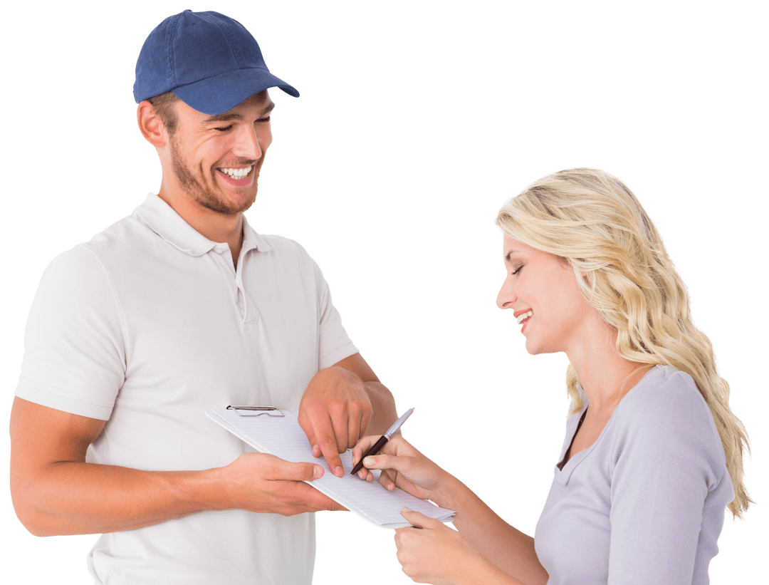 Transparent Delivery Communication Man Holding Clipboard for Signature