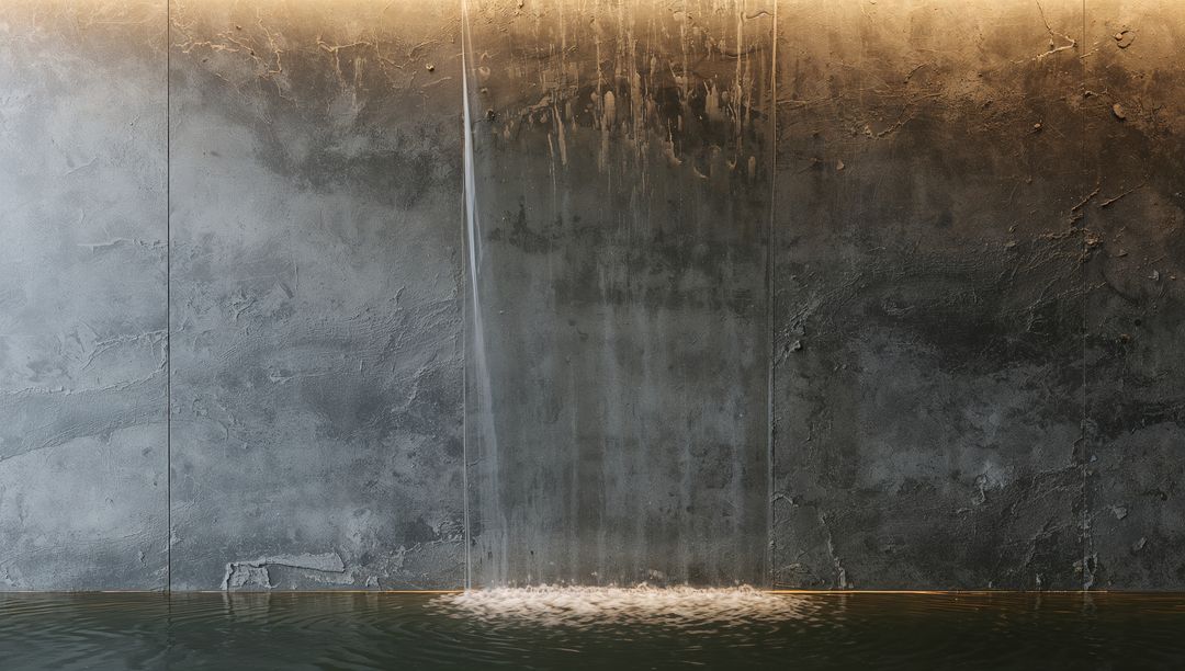 Cascading Water Curtain Over Textured Concrete Wall With Warm Top Lighting