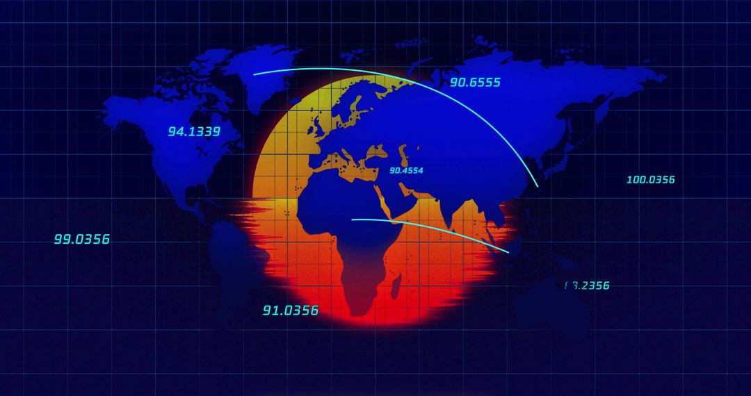 Digital World Map with Data Points and Futuristic Globe Overlay