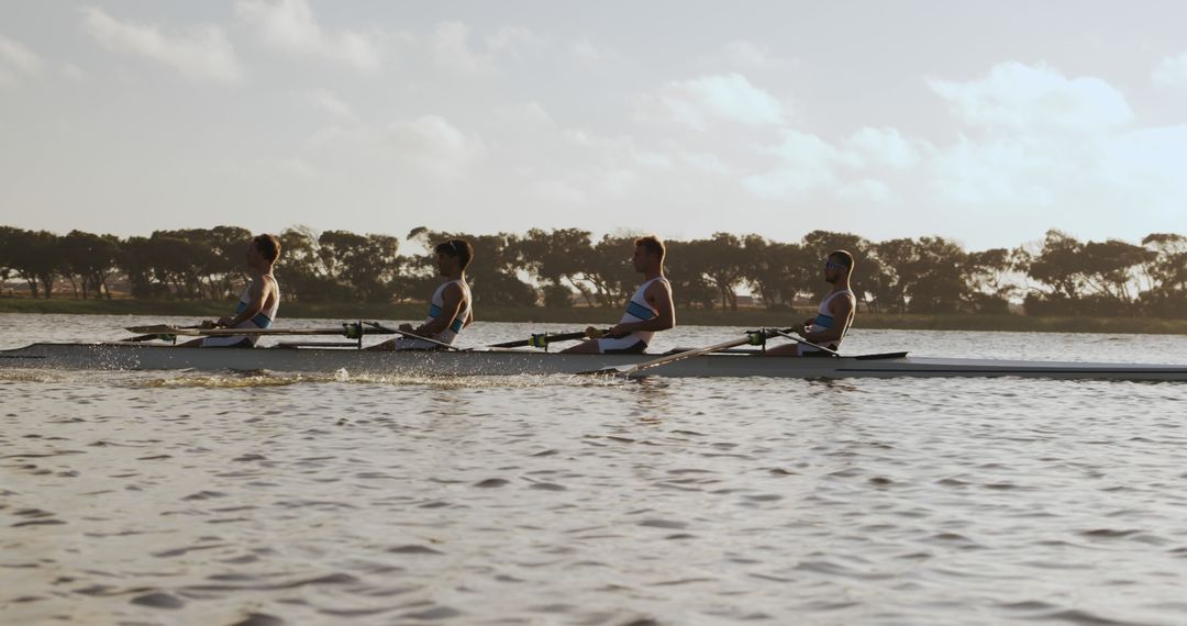 Four Rowers Synchronization on Calm Lake - Free Images, Stock Photos and Pictures on Pikwizard.com