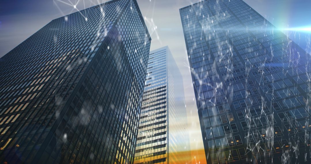 Digital Connections Across Urban Skyscrapers at Dawn