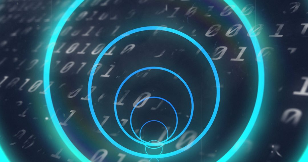 Abstract Blue Neon Circles Over Binary Code Digital Concept