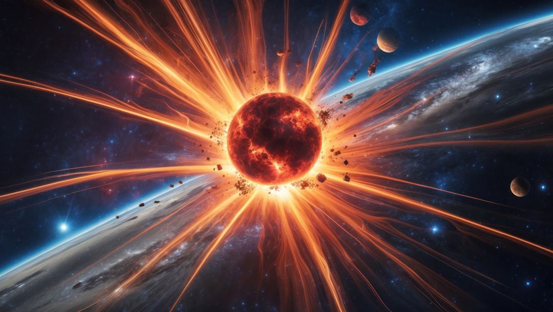 Fiery Cosmic Explosion with Plasma Beams and Cosmic Debris in Deep Space