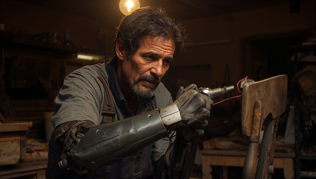 Artisanal Crafting with Prosthetic Arm in Rustic Workshop