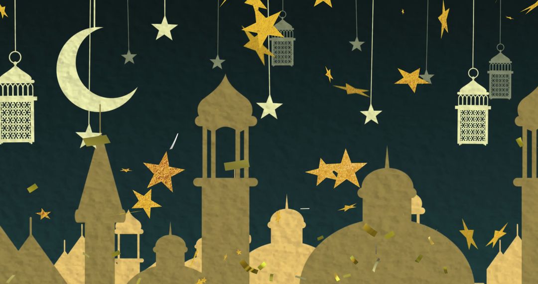 Golden Stars and Lanterns Above Mosque Silhouettes for Ramadan - Free Images, Stock Photos and Pictures on Pikwizard.com