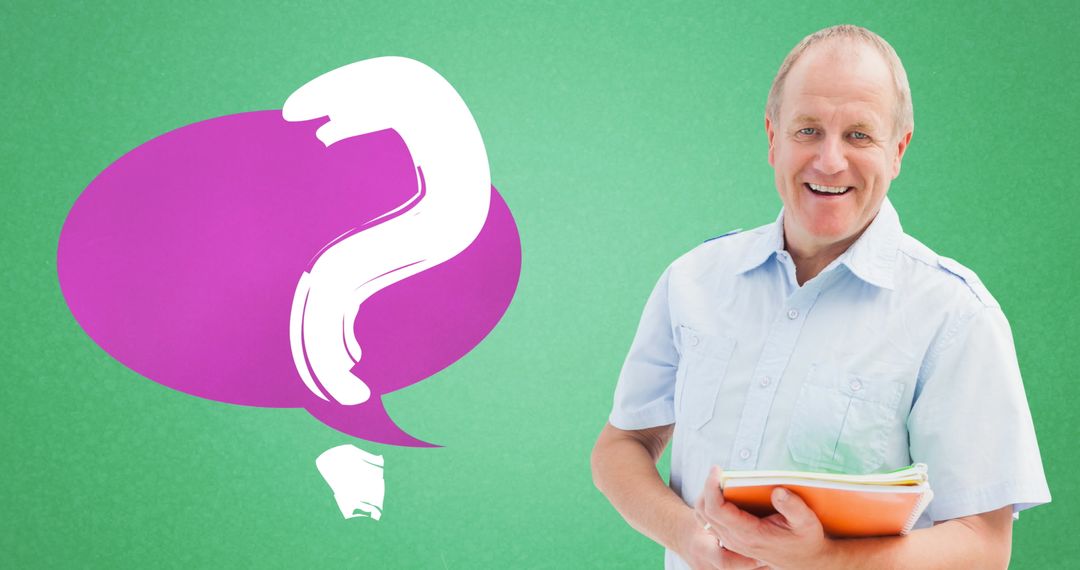 Smiling Teacher Holding Books with Question Mark Bubble