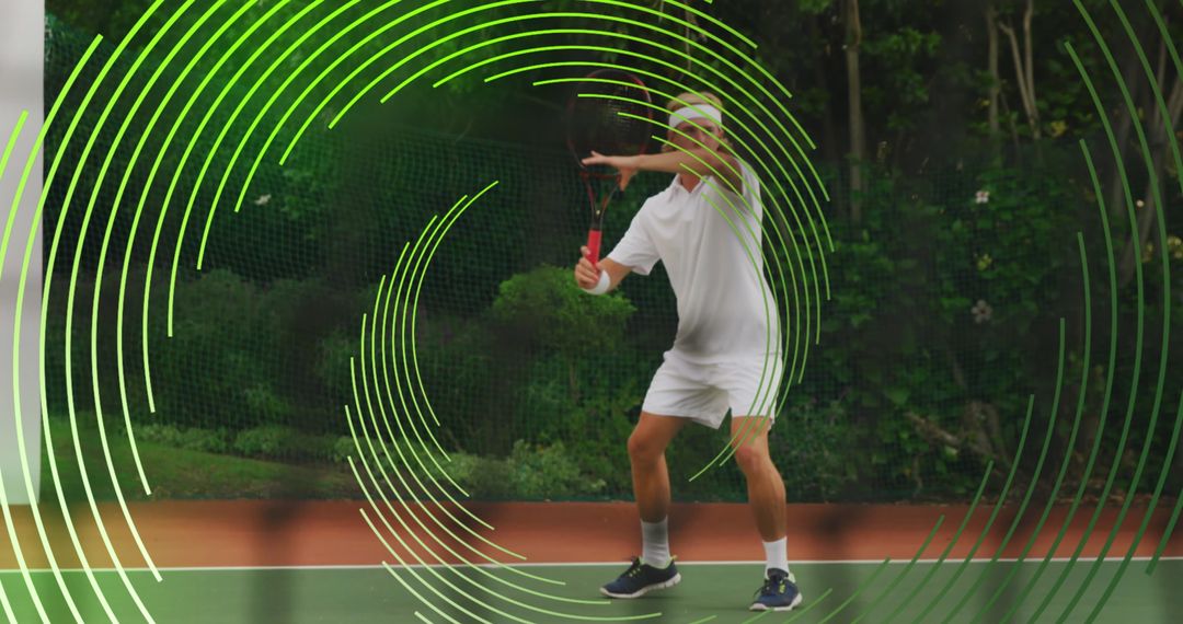 Dynamic Spiral Overlay on Male Tennis Player Competing